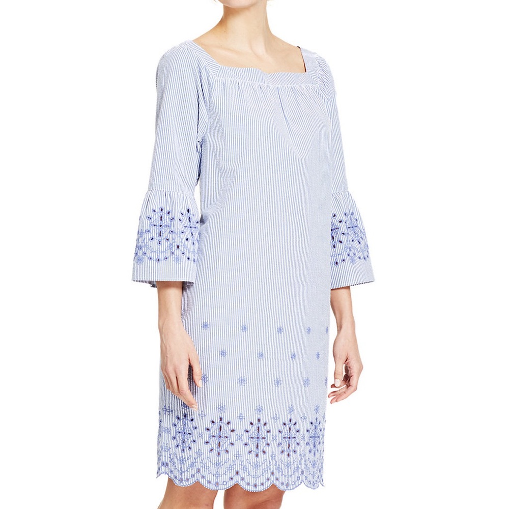IZOD Embroidered Seersucker Shift Dress Blue Size Medium NWT